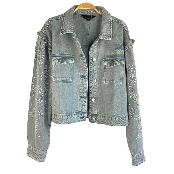 Broadway Embroidered Denim Jacket‎ Women L Ruffle Maximalist Boho Artsy Lt Wash - Picture 1 of 11